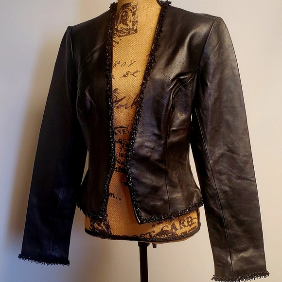 Cache Black Leather  Beaded Fringe Blazer Jacket  Size 12 - Picture 1 of 7